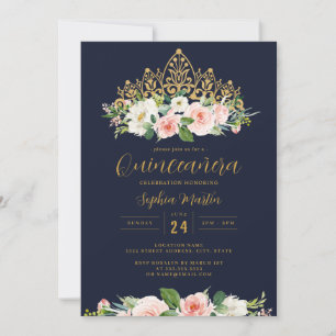 Invitation Gold Navy rose Floral Tiara Quinceanera
