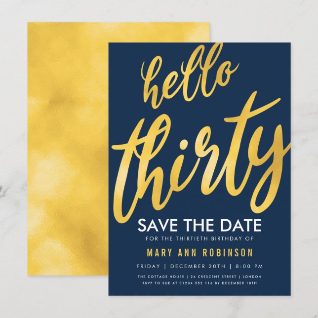 Invitation Gold Navy Save Date Trente Anniversaire (Devant / Derrière)