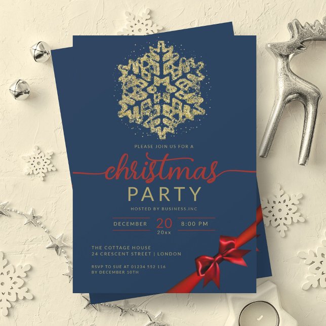 Invitation Gold Navy Winter Parties scintillant Snowflake Com (Gold Navy Winter Glitter Snowflake Company Xmas Invitation)