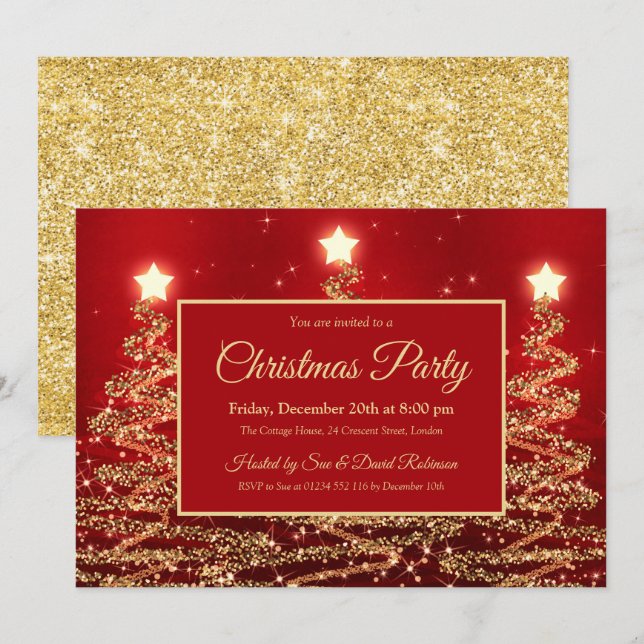 Invitation Gold Noël fête Parties scintillant étincelante Arb (Devant / Derrière)
