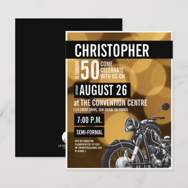 Invitation Gold noir Motorcycle moderne thème 50e anniversair (Devant / Derrière)