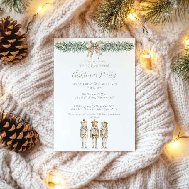 Invitation Gold Nutcracker and Mistletoe Christmas  (Gold Nutcracker Christmas Invitation)