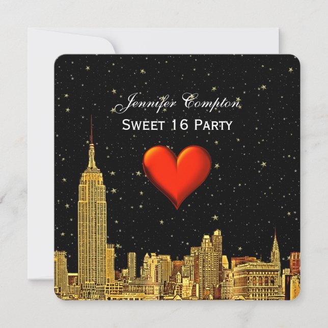 Invitation Gold NYC Skyline 01 Etched Heart Stars SQ Sweet 16 (Devant)