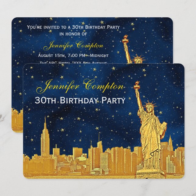 Invitation Gold NYC Skyline #2 Etch Blue Starry BG H Annivers (Devant / Derrière)