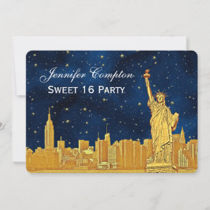 Invitation Gold NYC Skyline #2 Gravure Bleue Fond Étoilé H Sw