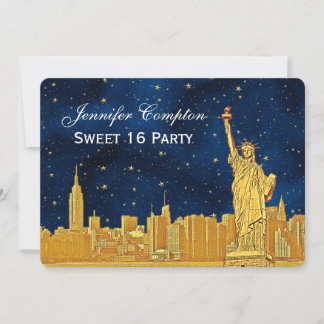 Invitation Gold NYC Skyline #2 Gravure Bleue Fond Étoilé H Sw