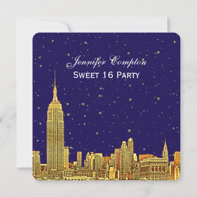 Invitation Gold NYC Skyline Etch Blue Starry Sky SQ Sweet 16 (Devant)