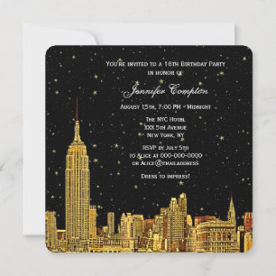 Invitation Gold NYC Skyline Etched Starry Sky SQ Sweet 16