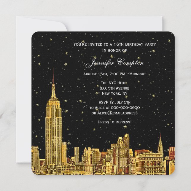 Invitation Gold NYC Skyline Etched Starry Sky SQ Sweet 16 (Dos)