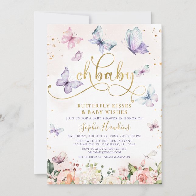 Invitation Gold Oh Baby Butterfly Kisses Baby shower (Devant)