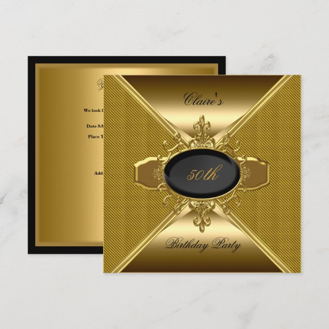 Invitation Gold On Gold Black 50th Birthday Party 3 (Devant / Derrière)