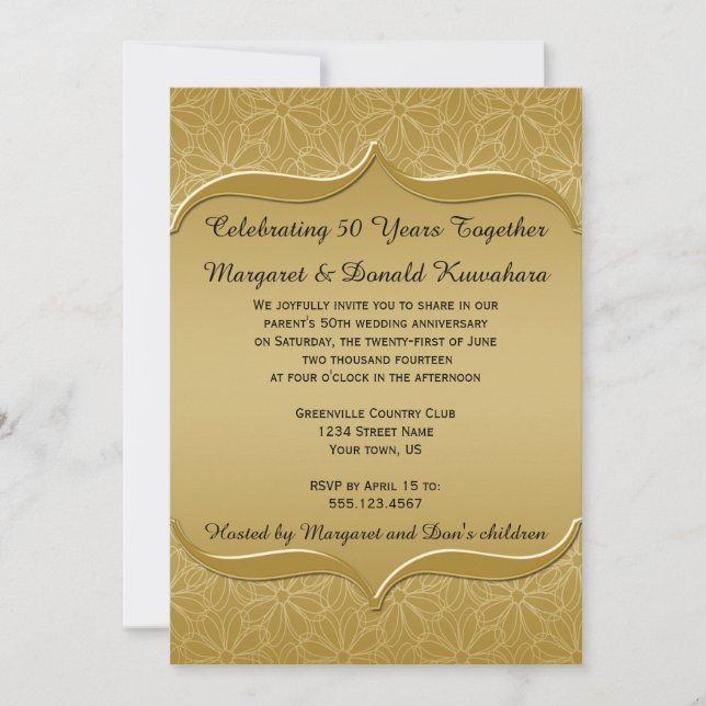 Invitation Gold on Gold Daisies Ornate Frame 50e Anniversaire (Devant)