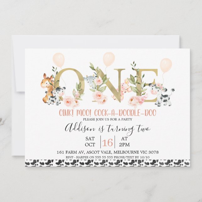 Invitation Gold One Dividers Floral Farm Animaux 1er annivers (Devant)