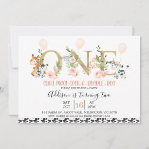 Invitation Gold One Dividers Floral Farm Animaux 1er annivers