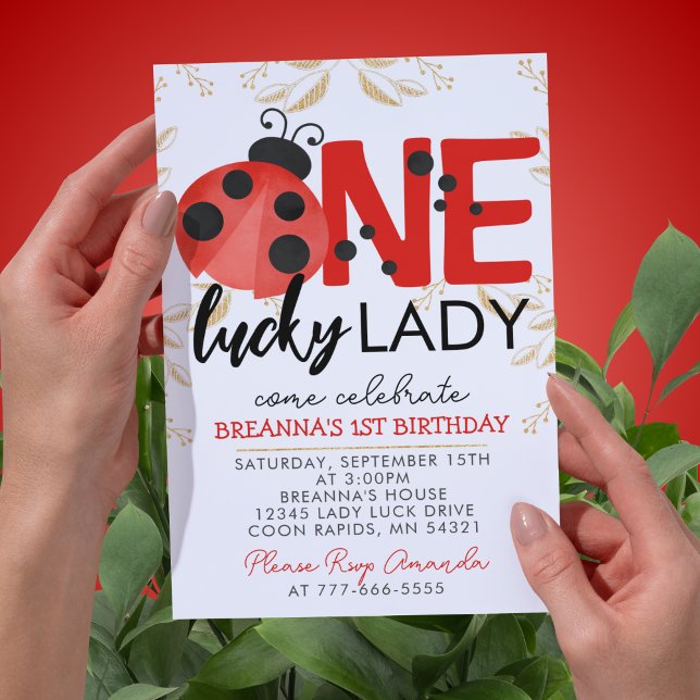 Invitation Gold One Lucky Lady Aquarelle Ladybug Anniversaire (Elegant Gold Glitter One Lucky Lady Watercolor Ladybug 1st Birthday Party Invitations)
