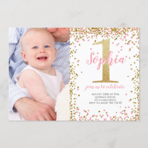 Invitation Gold One Parties scintillant Pink Girl First Birth