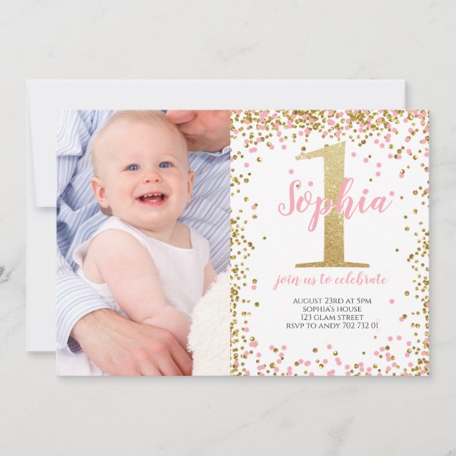 Invitation Gold One Parties scintillant Rose Girl photo premi (Devant)