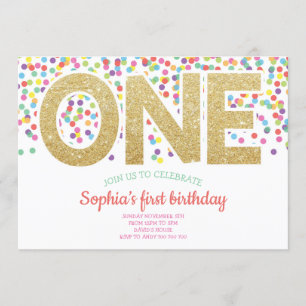 Invitation Gold One Rainbow Confetti Baby Girl 1er anniversai