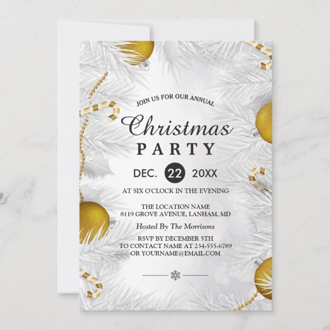 Invitation Gold Orament Silver White Christmas Party (Devant)