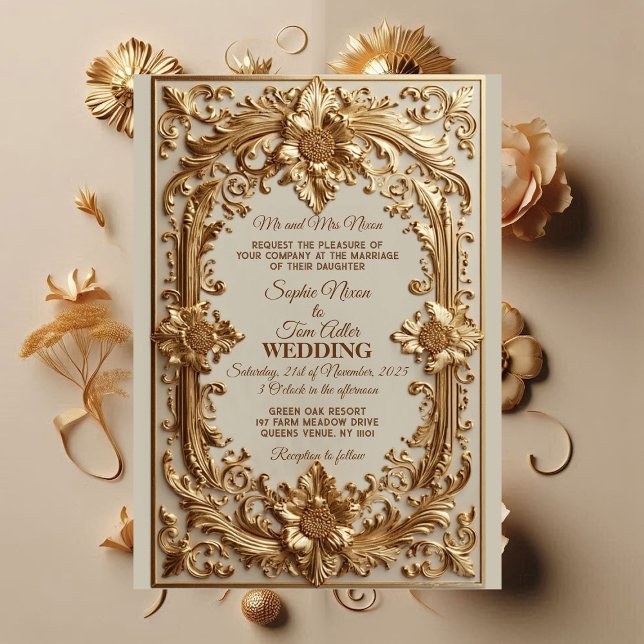 Invitation Gold Ornate Baroque Grandeur Floral Motif Wedding  (Gold Ornate Baroque Grandeur Floral Motif Wedding Invitation)