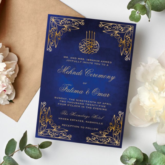 Invitation Gold Ornate Bleu Islamique Henné Cérémonie Mehndi (Créateur téléchargé)