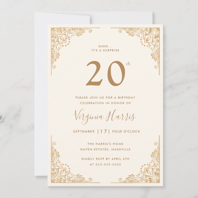Invitation Gold Ornate Border Cream Vingt-vingtième anniversa (Devant)