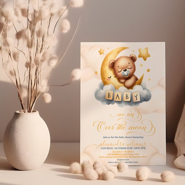 Invitation Gold Over the Moon Teddy Bear Baby shower (Créateur téléchargé)