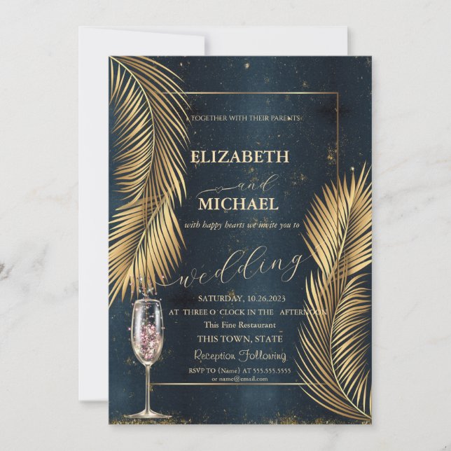 Invitation Gold Palm Feuille Plage Champagne Mariage en verre (Devant)