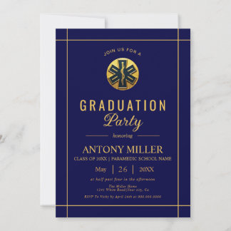Invitation Gold paramedic EMT Class Of 2025 blue graduation