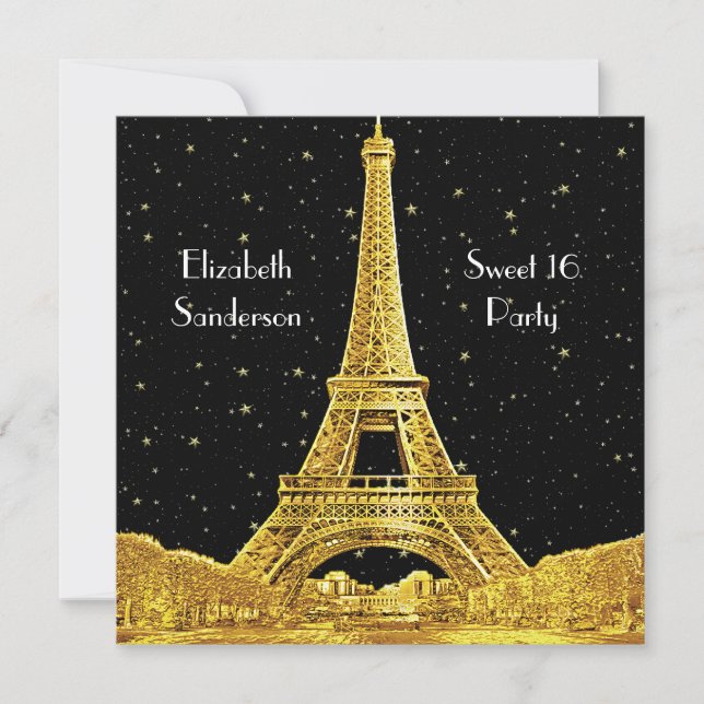Invitation Gold Paris France Skyline #2 Bk Starry Sweet 16 SQ (Devant)