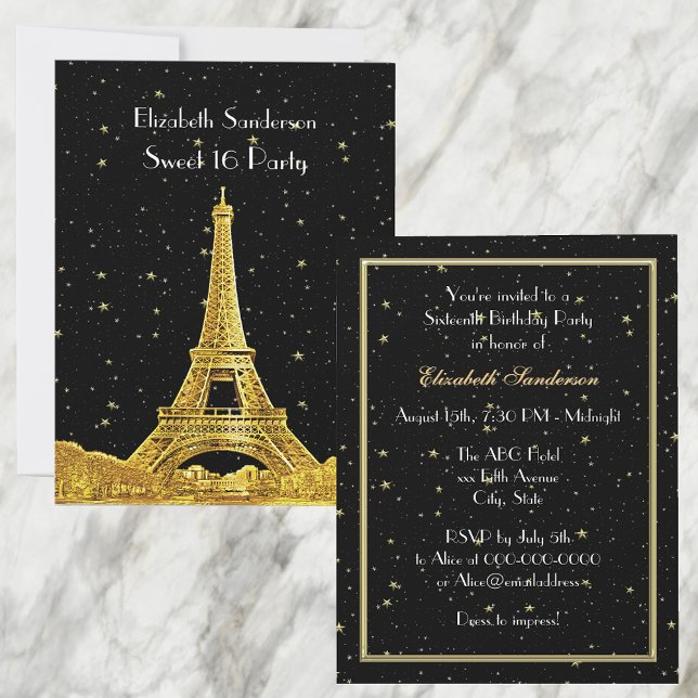 Invitation Gold Paris France Skyline #2 Bk Starry Sweet 16 V (Créateur téléchargé)