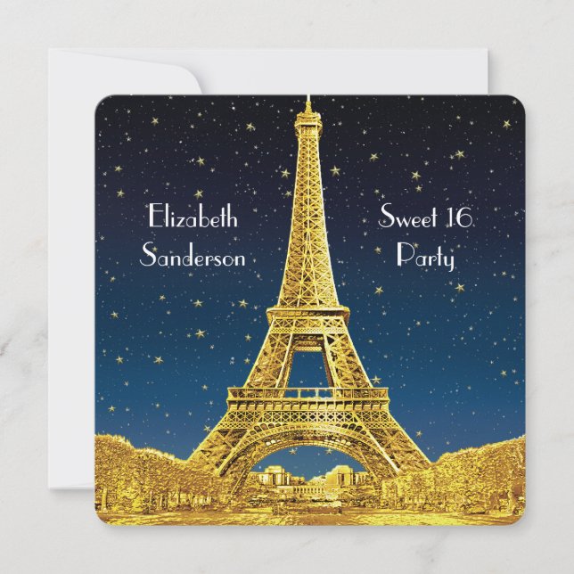 Invitation Gold Paris Skyline #2 Blue Starry Sweet 16 SQ (Devant)