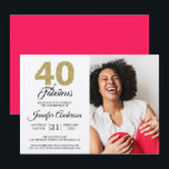 Invitation Gold Parties scintillant 40 Fabuleux Anniversaire<br><div class="desc">Élégante et élégante invitation photo 40ème anniversaire avec les mots "40 et Fabulous" en parties scintillant or et calligraphie noir chic et typographie moderne. Ajoutez simplement vos propres détails personnels et votre photo préférée. L'arrière de la carte est dans une couleur rose diva brillante (vous pouvez changer la couleur via...</div>