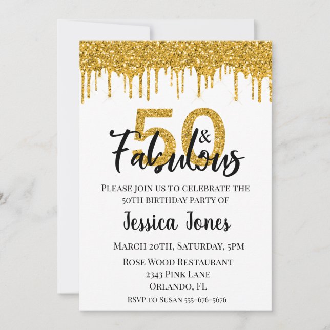Invitation Gold Parties scintillant 50 et Fabulous Fifty fête (Devant)