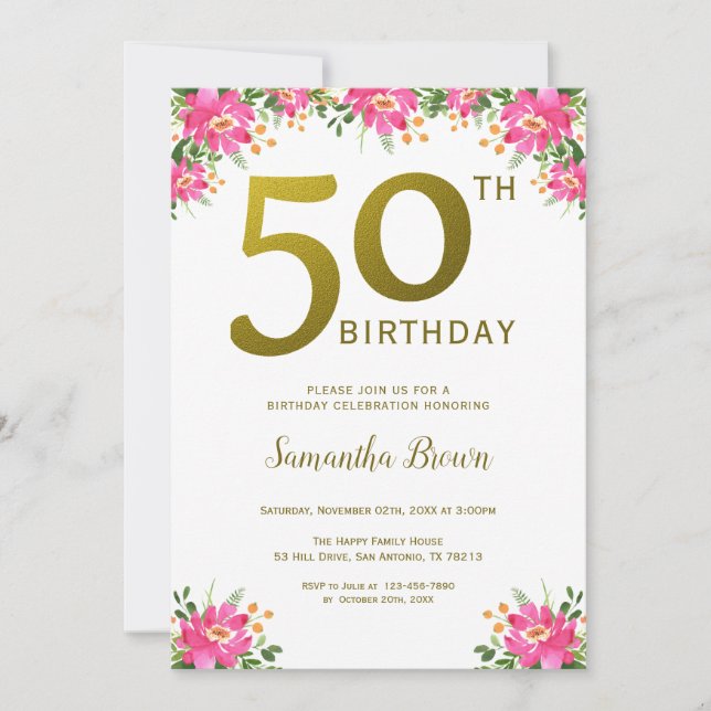 Invitation Gold Parties scintillant 50e anniversaire Floral r (Devant)
