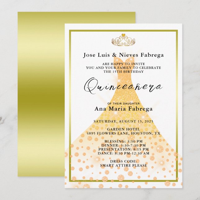 Invitation Gold Parties scintillant Ball Gown, Tiara Quinceañ (Devant / Derrière)