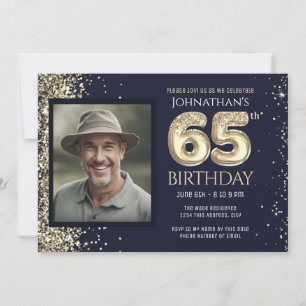 Invitation Gold Parties scintillant Blue Photo 65th Birthday