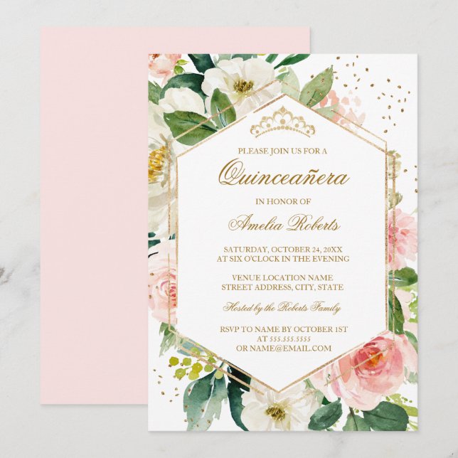 Invitation Gold Parties scintillant Blush Floral Quinceanera  (Devant / Derrière)