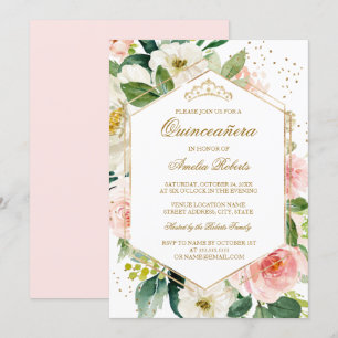 Invitation Gold Parties scintillant Blush Floral Quinceanera 