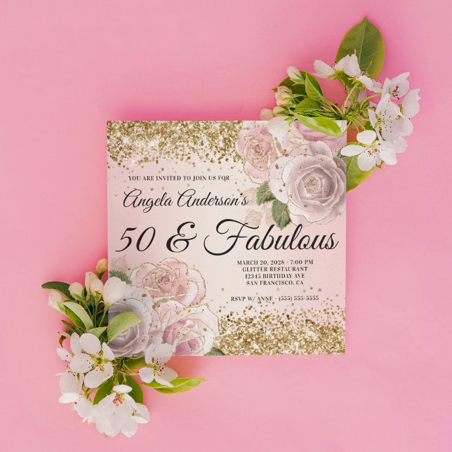 Invitation Gold Parties scintillant Blush rose Floral 50 & Fa (Create your own milestone birthday invitation for her.)
