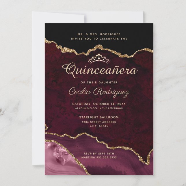 Invitation Gold Parties scintillant Bourgogne Agate Quinceane (Devant)