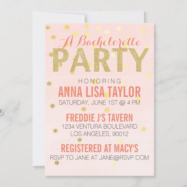 Invitation Gold Parties scintillant Confetti Bachelorette Par (Devant)