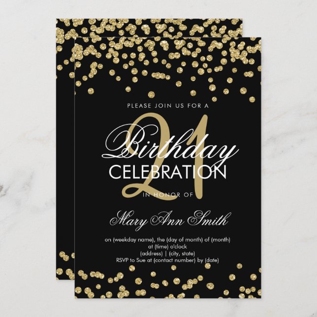 Invitation Gold Parties scintillant Confetti Black 21st Birth (Devant / Derrière)