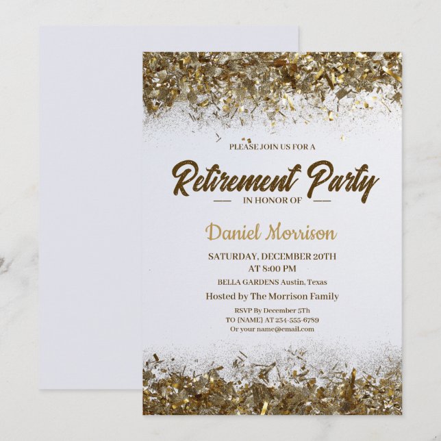 Invitation Gold Parties scintillant Confetti Retraite Party 2 (Devant / Derrière)