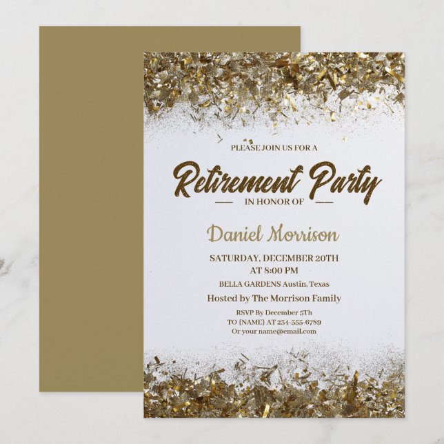 Invitation Gold Parties scintillant Confetti Retraite Party 2 (Devant / Derrière)