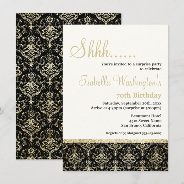 Invitation Gold Parties scintillant Damask 70e fête d'anniver (Devant / Derrière)