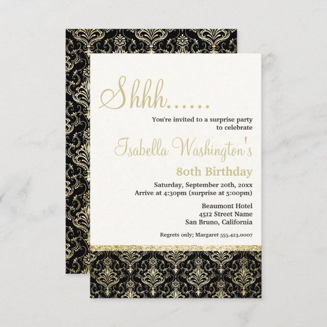 Invitation Gold Parties scintillant Damask 80e fête d'anniver (Devant / Derrière)