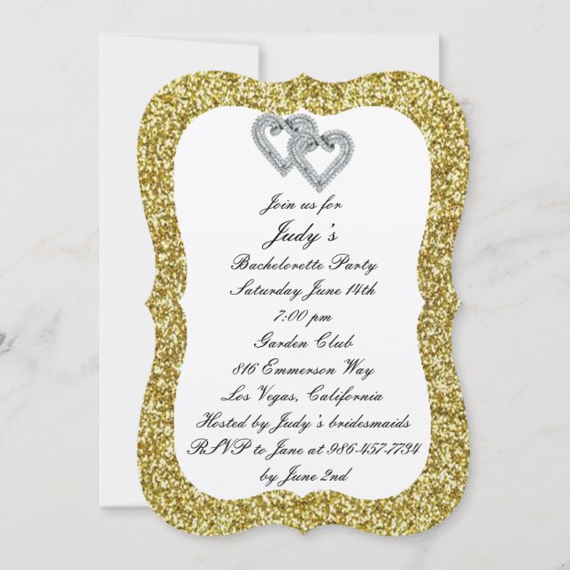 Invitation Gold Parties scintillant Diamond Hearts Bacheloret (Devant)