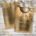 Invitation Gold Parties scintillant Glam 50 et Fabulous Disco<br><div class="desc">Vous serez la cloche du ballon avec cette invitation branchée Gold 50 et Fabulous Celebration! Des boules de disco dorées brillent sur un arrière - plan métal doré brossé avec des banderoles et parties scintillant or. Facile à personnaliser avec des options personnalisées. Utilisez le bouton "Personnaliser" pour customiser le produit...</div>