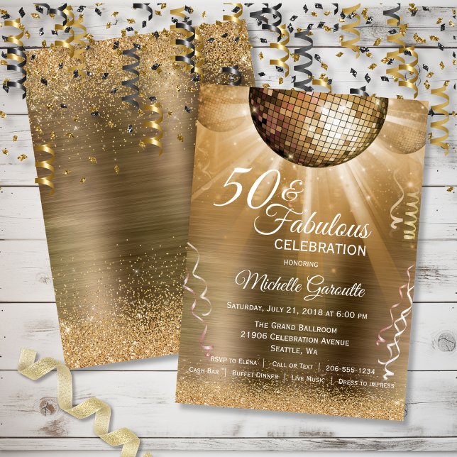 Invitation Gold Parties scintillant Glam 50 et Fabulous Disco (Gold Glitter Glam 50 and Fabulous Disco Ball Invitation)